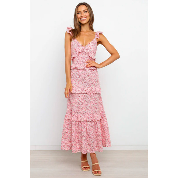 Petal & Pup Dresses & Skirts - Petal & Pup Aspa 100% Cotton Floral Tiered Ruffle Midi Dress Pink
